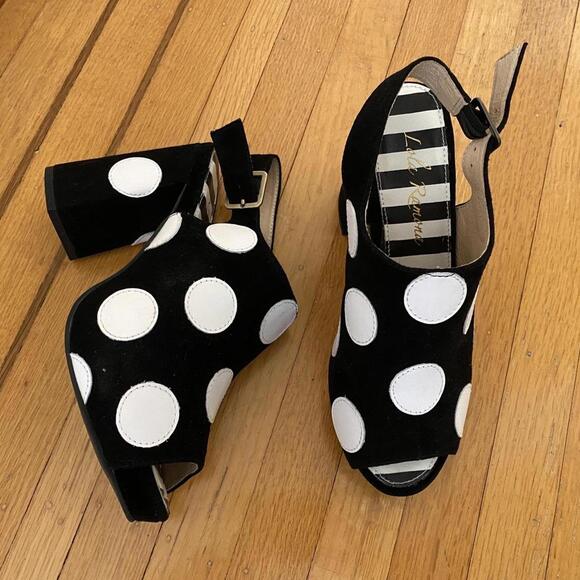 Black white polkadot strap heeled sandals, platform heels shoes Lola Ramona sz 7 - Picture 4 of 4